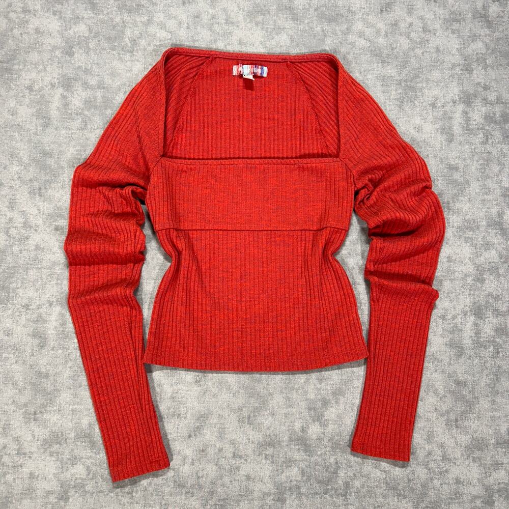 Urban Outfitters rib knit square neck cropped long sleeve Y2K slim shirt wms M